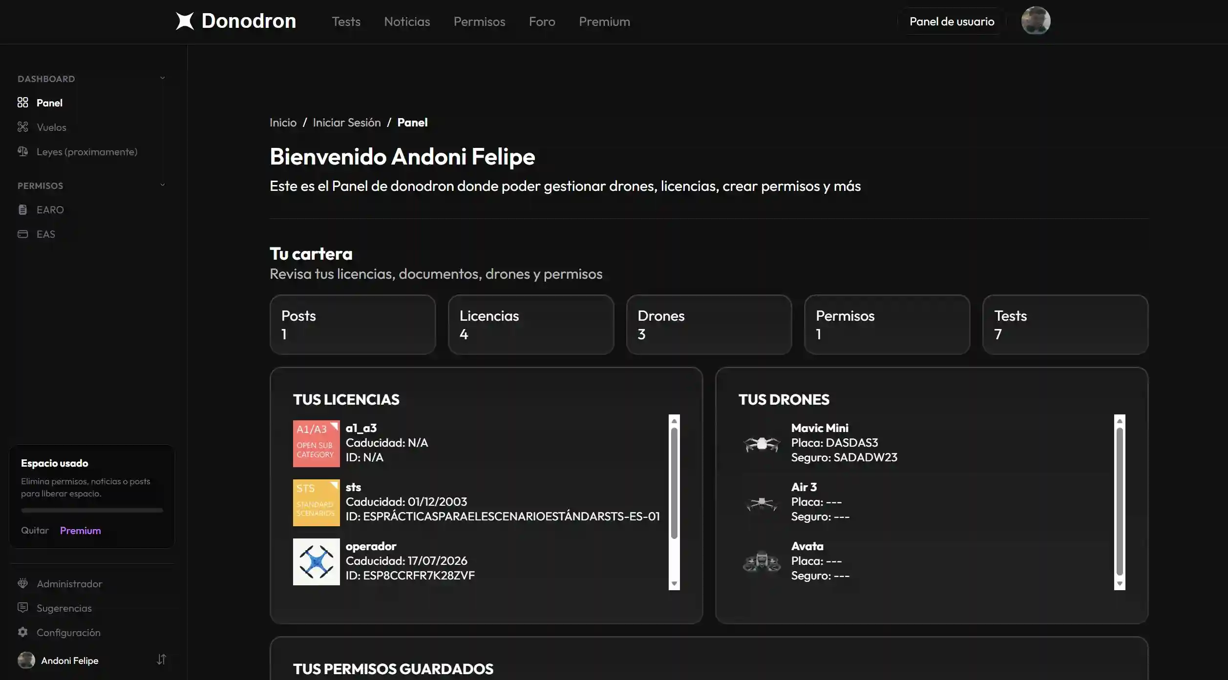 Panel de control de la plataforma de drones donodron