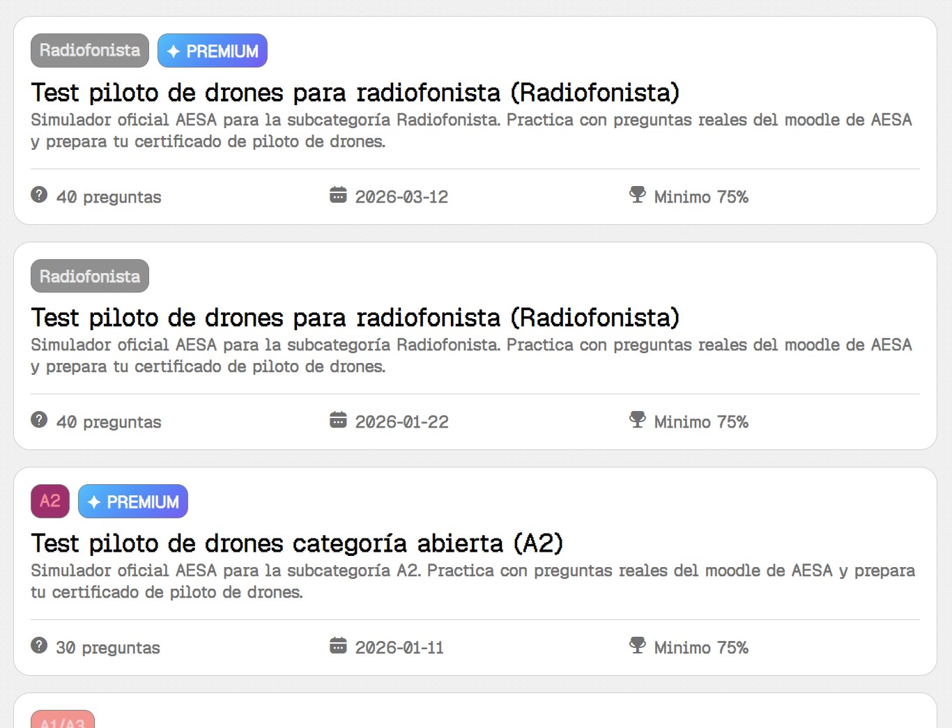 Test oficiales de Aesa. Radiofonista, STS 01 STS 02, A1A3